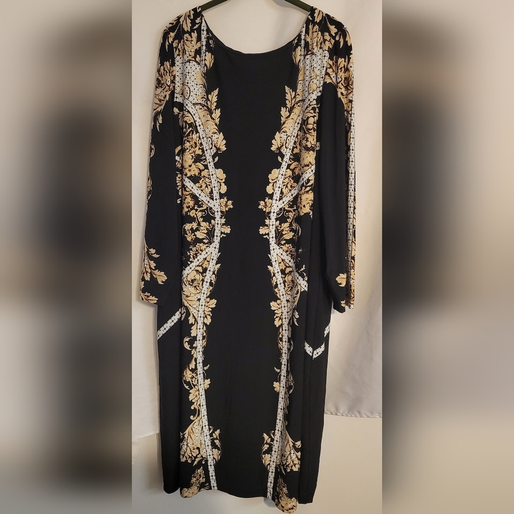Colleen Lopez Black Dress with Gold Floral Accents Long Sleeve Sheath Size 2x - Picture 3 of 6